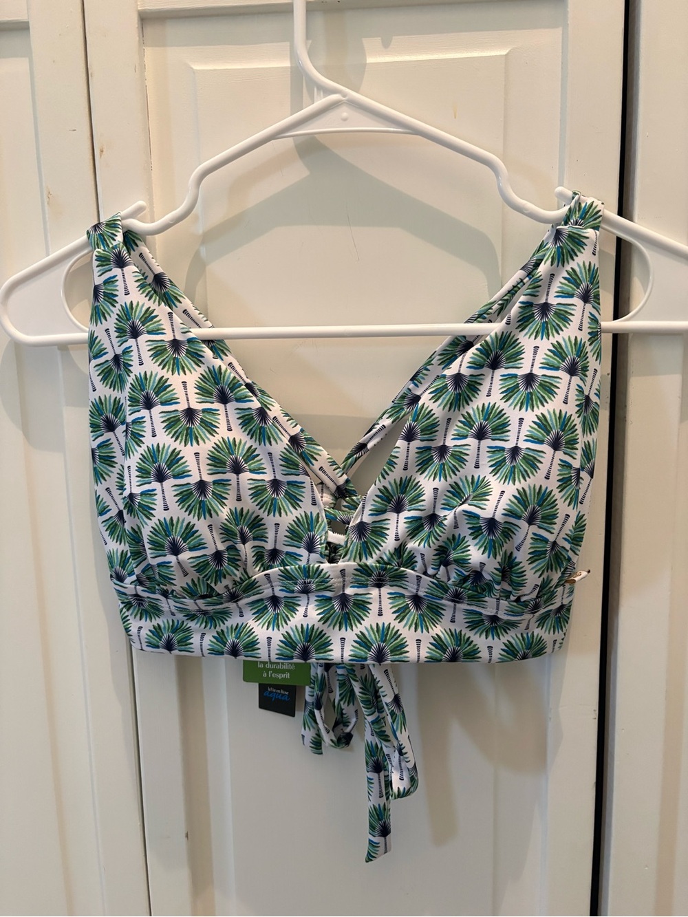 La Vie En Rose Green Palm-Print Tie-Front bikini top